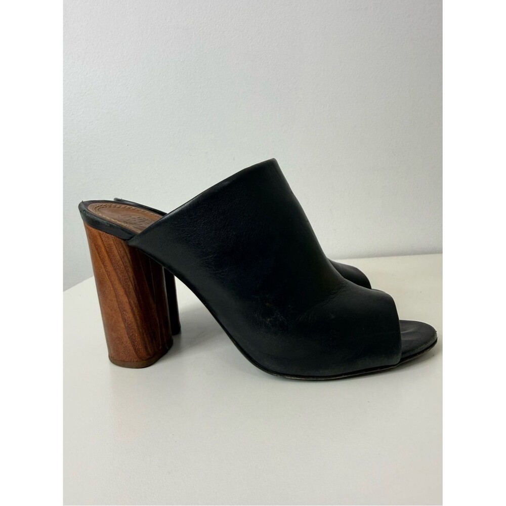 Tory Burch Black Leather Raya Mule Sandal Wood Block Heel Women's Size 8